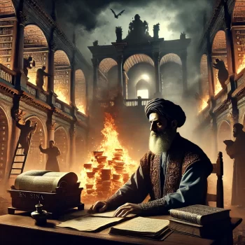 Ibn Sina studying while the Library of Baghdad burns during a time of war