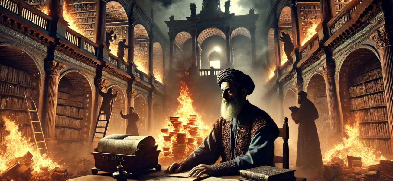 Ibn Sina studying while the Library of Baghdad burns during a time of war